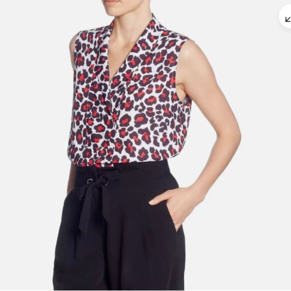 T Tahari Sleeveless Cheetah V-Neck Blouse – White/Black/Red (Size S, NWOT)